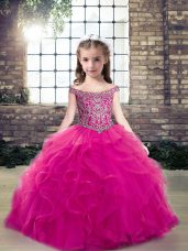 Custom Designed Floor Length Lace Up Little Girls Pageant Dress Fuchsia for Party and Wedding Party with Beading and Ruffles