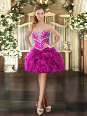 Spectacular Fuchsia Lace Up Sweetheart Beading and Ruffles Prom Gown Organza Sleeveless