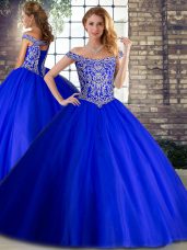 Deluxe Off The Shoulder Sleeveless Tulle Sweet 16 Quinceanera Dress Beading Brush Train Lace Up