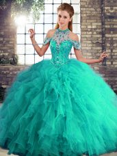 Attractive Floor Length Turquoise 15th Birthday Dress Tulle Sleeveless Beading and Ruffles