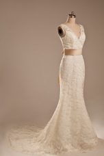 Spectacular White Column/Sheath Lace V-neck Sleeveless Lace and Belt Backless Wedding Dress Brush Train