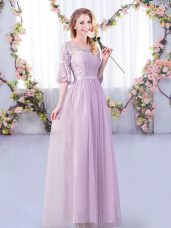 Lavender Tulle Side Zipper Scoop Half Sleeves Floor Length Dama Dress Lace and Belt