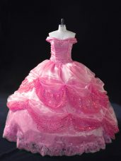 Discount Rose Pink Quinceanera Gowns Sweet 16 and Quinceanera with Beading and Sequins Off The Shoulder Sleeveless Lace Up