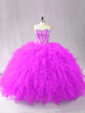 High Class Sweetheart Sleeveless Quince Ball Gowns Floor Length Beading and Ruffles Purple Tulle