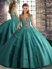 Cheap Floor Length Teal Quince Ball Gowns Tulle Sleeveless Beading and Appliques