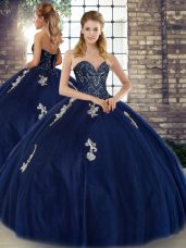 Navy Blue Sleeveless Beading and Appliques Floor Length Quinceanera Dresses