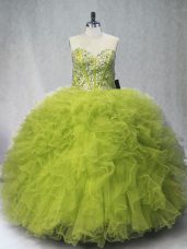 Ball Gowns Quince Ball Gowns Olive Green Sweetheart Tulle Sleeveless Floor Length Lace Up