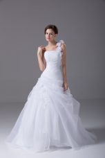 Glamorous One Shoulder Sleeveless Wedding Gowns Brush Train Hand Made Flower White Organza