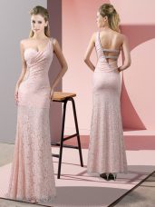 Baby Pink Lace Criss Cross Homecoming Dress Sleeveless Floor Length Beading and Lace