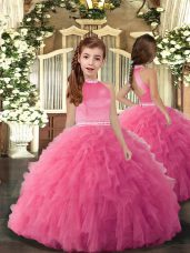 Sleeveless Tulle Floor Length Backless Little Girls Pageant Gowns in Rose Pink with Beading and Ruffles
