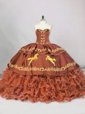 Artistic Brown Ball Gown Prom Dress For with Embroidery and Ruffled Layers Sweetheart Sleeveless Brush Train Lace Up