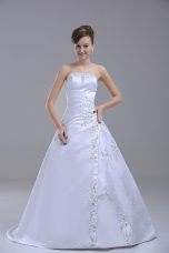 Captivating White Sleeveless Satin Brush Train Lace Up Wedding Dresses for Wedding Party