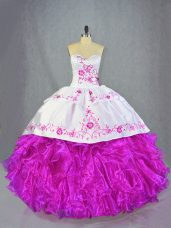 Graceful Sleeveless Organza Brush Train Lace Up Sweet 16 Dresses in Fuchsia with Beading and Embroidery and Ruffles