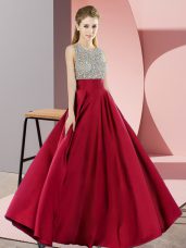 Wine Red Sleeveless Floor Length Beading Backless Prom Evening Gown