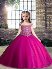 Latest Fuchsia Ball Gowns Sweetheart Sleeveless Tulle Floor Length Lace Up Beading Winning Pageant Gowns