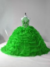 Green Organza Lace Up Quinceanera Gowns Sleeveless Court Train Beading and Pick Ups