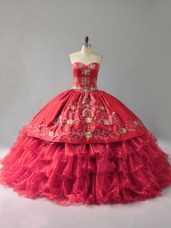 Suitable Sleeveless Floor Length Embroidery and Ruffles Lace Up Quinceanera Gowns with Red