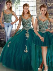 Floor Length Peacock Green Quinceanera Dresses Straps Sleeveless Lace Up