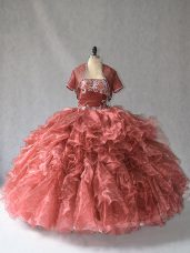 Excellent Strapless Sleeveless Sweet 16 Dresses Floor Length Beading and Ruffles Red