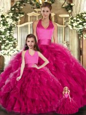 Sleeveless Tulle Floor Length Lace Up Ball Gown Prom Dress in Fuchsia with Ruffles