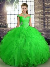 Perfect Off The Shoulder Sleeveless Lace Up Quinceanera Gown Green Tulle