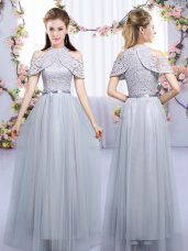 Fashionable Tulle High-neck Sleeveless Zipper Lace and Belt Quinceanera Court Dresses in Grey