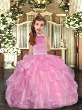Baby Pink Ball Gowns Beading and Ruffles Girls Pageant Dresses Lace Up Organza Sleeveless Floor Length