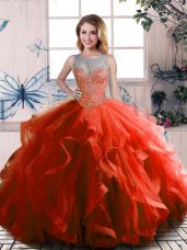 Rust Red Ball Gowns Beading and Ruffles 15th Birthday Dress Lace Up Tulle Sleeveless Floor Length