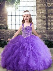 Straps Sleeveless Girls Pageant Dresses Floor Length Beading and Ruffles Lavender and Purple Tulle