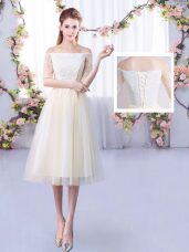 New Style Tulle Off The Shoulder Half Sleeves Lace Up Lace Dama Dress in Champagne