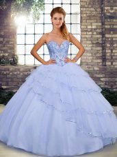 Trendy Tulle Sweetheart Sleeveless Brush Train Lace Up Beading and Ruffled Layers Quince Ball Gowns in Lavender