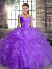 Clearance Sleeveless Floor Length Beading and Ruffles Lace Up Sweet 16 Dress with Lavender