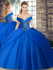 Lace Up Vestidos de Quinceanera Royal Blue for Military Ball and Sweet 16 and Quinceanera with Beading and Pick Ups Brush Train
