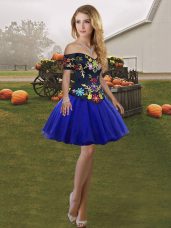Adorable Royal Blue Tulle Lace Up Evening Dress Sleeveless Mini Length Embroidery