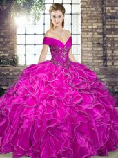 Fuchsia Lace Up Off The Shoulder Beading and Ruffles Quinceanera Dress Organza Sleeveless