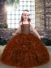 Rust Red Ball Gowns Beading Kids Formal Wear Lace Up Organza Sleeveless Floor Length