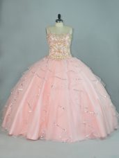 Best Selling Peach Ball Gowns Beading and Ruffles Quinceanera Dress Lace Up Tulle Sleeveless Floor Length
