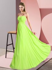 Exceptional Yellow Green Chiffon Lace Up Sweetheart Sleeveless Floor Length Ruching