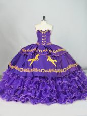 On Sale Sweetheart Sleeveless Sweet 16 Dresses Brush Train Embroidery and Ruffled Layers Purple Satin and Organza
