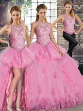 Elegant Scoop Sleeveless Lace Up Vestidos de Quinceanera Rose Pink Tulle