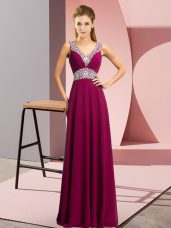 Sleeveless Chiffon Floor Length Lace Up Evening Party Dresses in Fuchsia with Beading