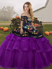 Adorable Black And Purple Ball Gowns Embroidery and Ruffled Layers Quince Ball Gowns Lace Up Tulle Sleeveless