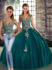 Nice Peacock Green Sleeveless Floor Length Beading and Appliques Lace Up Quinceanera Dress