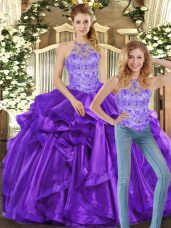 High Quality Floor Length Ball Gowns Sleeveless Purple 15th Birthday Dress Lace Up