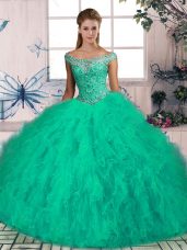 New Arrival Sleeveless Tulle Brush Train Lace Up Quinceanera Gowns in Turquoise with Beading and Ruffles