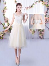 Hot Selling Sleeveless Tulle Tea Length Lace Up Dama Dress in Champagne with Lace