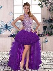 Best Purple A-line Tulle Halter Top Sleeveless Beading and Ruffles High Low Lace Up Evening Gowns
