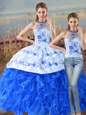 Glorious Halter Top Sleeveless Court Train Lace Up Sweet 16 Dress Blue And White Organza