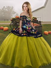 Fancy Off The Shoulder Sleeveless Tulle Quinceanera Gowns Embroidery Lace Up
