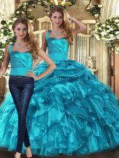 Teal Two Pieces Organza Halter Top Sleeveless Ruffles and Pick Ups Floor Length Lace Up Quinceanera Gown